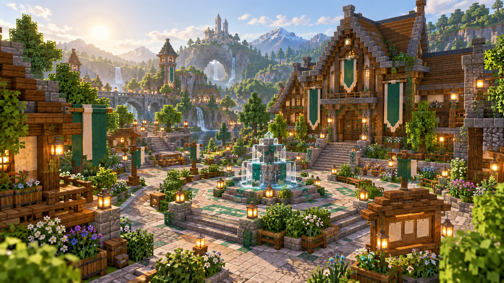 Helle FritziSMP-Spawnstadt mit Marktplatz, Brunnen und Gildenhalle